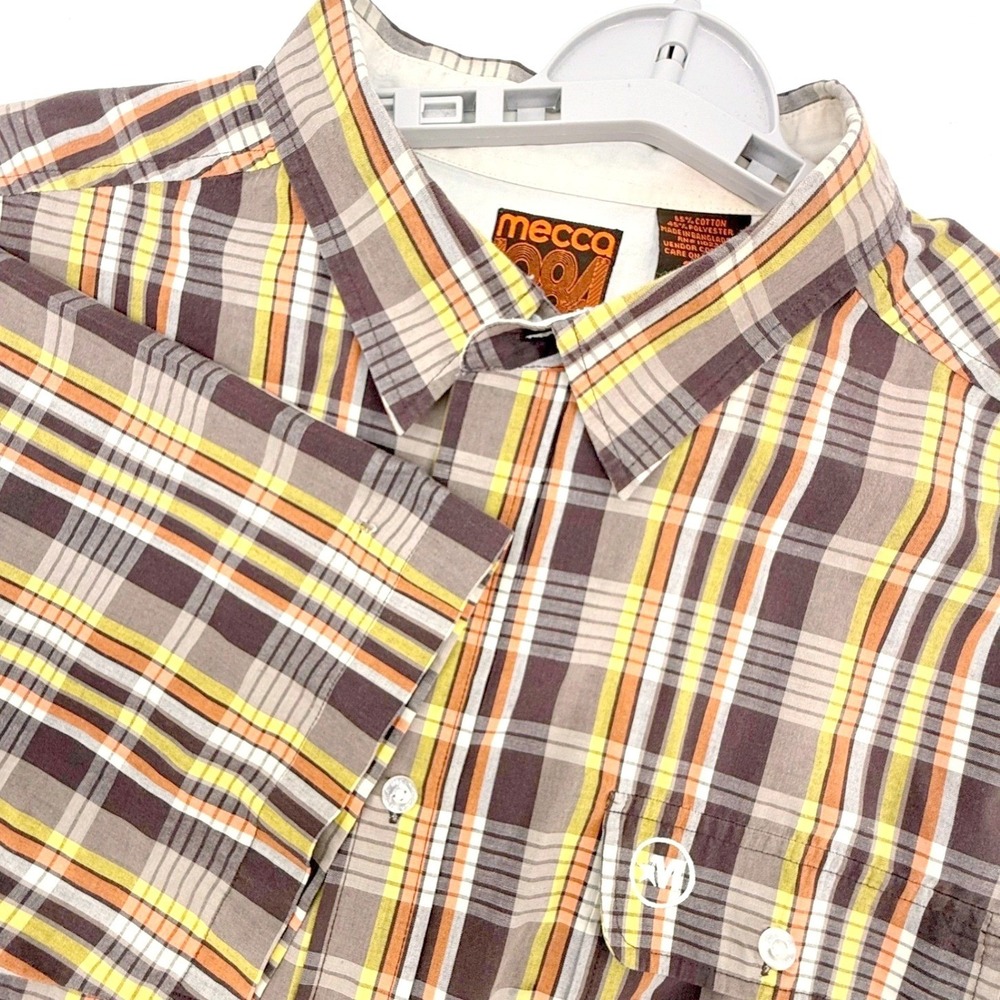 Mecca 1984 Shirt Mens 2XL Short Sleeve Button Down Brown Plaid Vintage Hip Hop